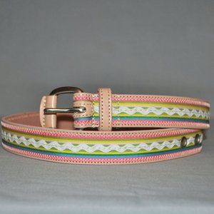 Izod Womens Belt Size Medium Pink Leather w/ Colorful Ribbon Embellishment